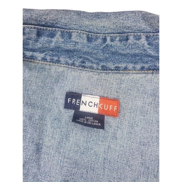 French Cuff Denim Embroidered Jacket Women Sz L Big Graphic Casual Boho - Picture 6 of 6